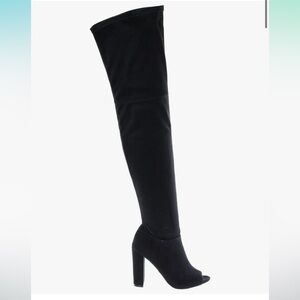 WILD DIVA PEEP TOE OVER THE KNEE BLACK SUEDE BOOTS SIZE ANKLE ZIP STRETCH TOP